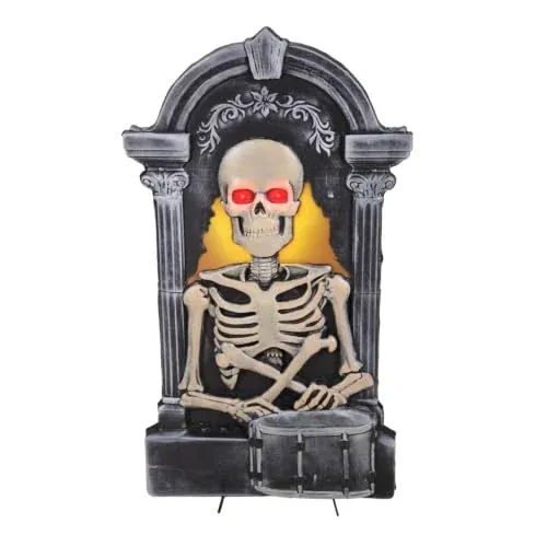 Haunted Hill Farm 3-Ft. Tombstone Skeleton with Drum Halloween Animatronic