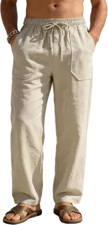 RQP Men's Cotton Linen Drawstring Loose Fit Pants