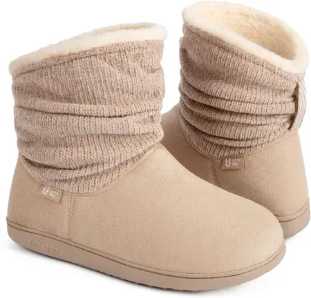 LongBay Women's Memory Foam Indoor / Outdoor Bootie Slippers w/ Faux Fur Lining