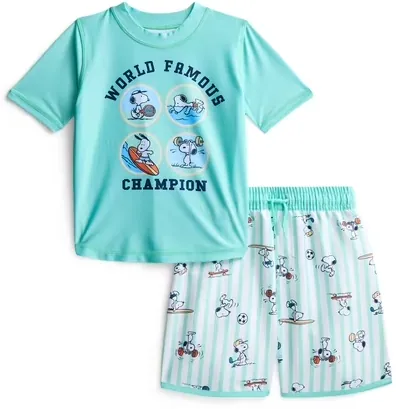 Character Toddler Boy Short-Sleeve Rash Guard and Swim Trunk Set (Various - Snoopy, Hot Wheels, Stitch, + More)