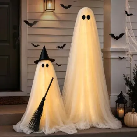 2-Pack Zesua Light-Up Spooky Ghost Witch with Broom Outdoor Halloween Decoration