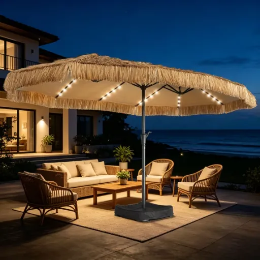 Ainfox 15ft Large Thatched Tiki Patio Umbrella with Lights and Sandbags