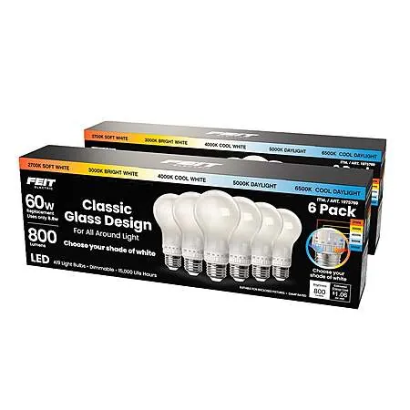 12-Pk Feit 8.8W 5-CCT LED Classic Glass A19 Bulbs