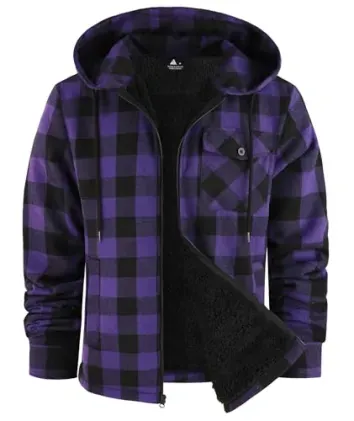 V VALANCH Men's Sherpa Lined Flannel Jacket with Hood Full-Zip Fleece Coat