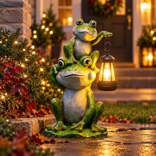 Lyeasw Solar Frog Garden Statue with Lantern, 2-Frog Design
