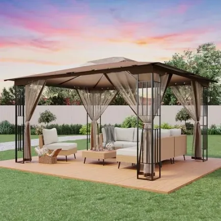 Lausaint Home 13'x11' Double Roof Gazebo Canopy w/ Mosquito Netting