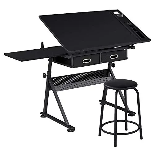 Yaheetech Adjustable Drafting Table Art Desk with Storage Drawers & Stool, Black