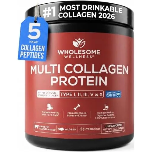 Wholesome Wellness Premium Multi Collagen Peptides Protein Powder for Women and Men, 5 Types of Hydrolyzed Collagen, Grass-Fed, Non-GMO & Unflavored, Pure Protein for Youthful Skin & Joint Recovery