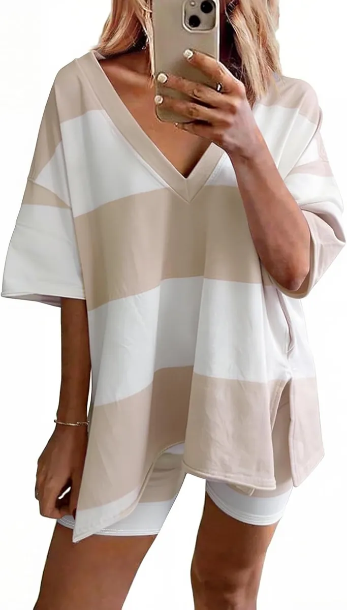 Ekouaer Oversized V-Neck Top & Biker Shorts Lounge Set