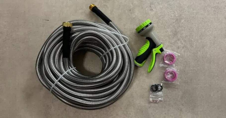 Stainless Steel 50′ Garden Hose w/ Nozzle