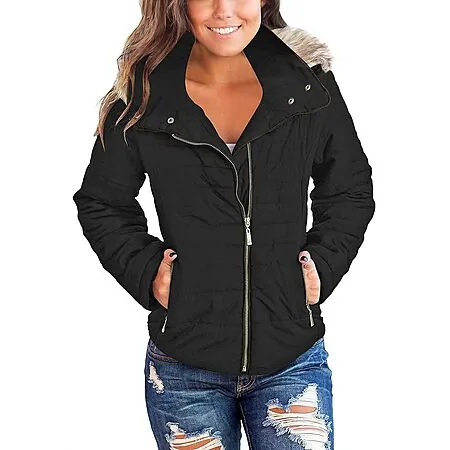 Vetinee Women's Hooded Faux Fur Quilted Puffer Jacket (Black)