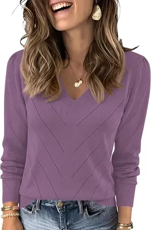 LOMON Fall Sweater Women's Dressy V-Neck Work Top Long Sleeve Shirt