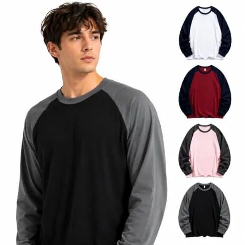 Mens Color Block Raglan Crew Neck Tops
