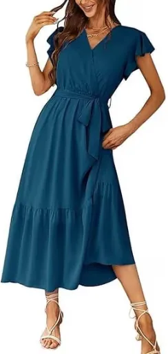 PRETTYGARDEN Women's Floral Boho Wrap V Neck Short Sleeve Belted Ruffle Hem A-Line Flowy Maxi Dress