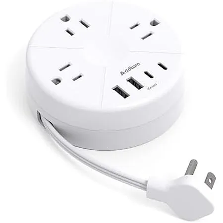 Addtam 7-in-1 Cruise Power Strip w/ 3 AC, 4 USB & 1' Retractable Cord