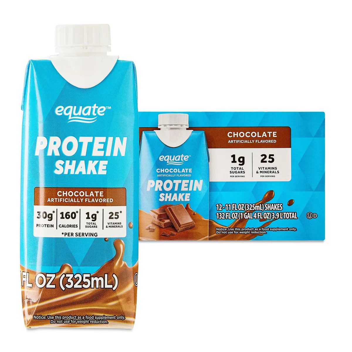 Equate 30G Protein Shake, Chocolate, Vanilla or Caramel, 11 fl oz, 12 Count