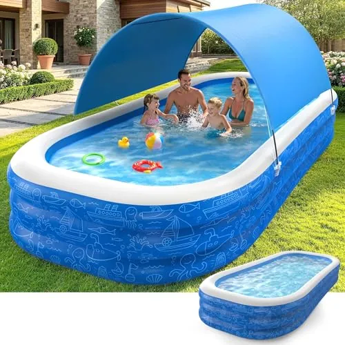 Large Inflatable Swimming Pool with Removable Canopy, 150" x 70" x 20"