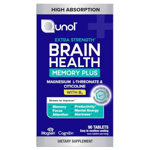 Qunol Brain Health Memory Plus w/Magtein, Cognizin & Vitamin B6 90-Count