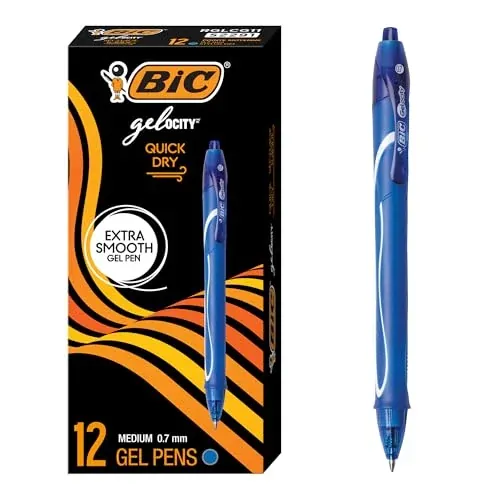 BIC Gelocity Quick Dry Blue Gel Pens, Medium Point, 0.7 mm, 12-Count