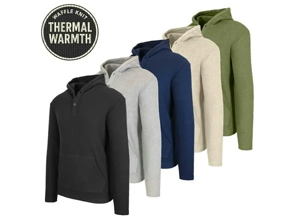 Men's Waffle-Knit Thermal Henley Pullover Hoodie 3-Pack