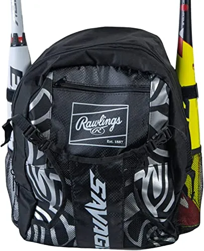 Rawlings SAVAGE Youth Baseball & Softball Equipment Backpack Bag (Black/Silver)