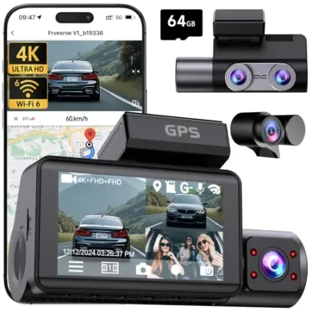 Frvesroe 4K 3-Channel Forn & Rear Dash Cam with 64GB Card