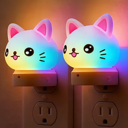 2-Pk L LOHAS 3D Cute Cat Plug in RGB LED Night Light for Kids