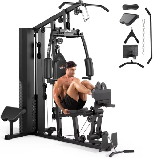 UPGO Home Gym Station with 154-lb Weight Stack, Leg Press & Preacher Curl Pad