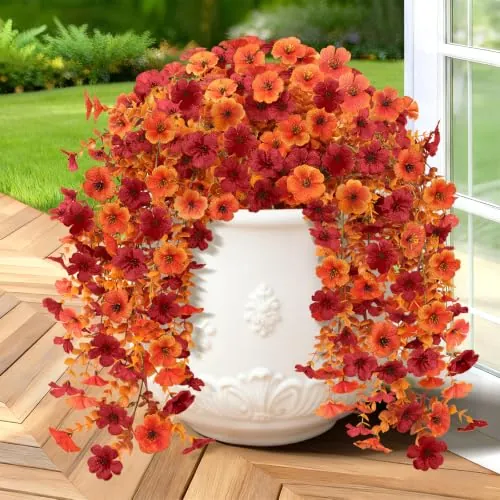 2 Pcs Artificial Hanging Fall Flowers, UV Resistant Fake Flowers, Orange Red