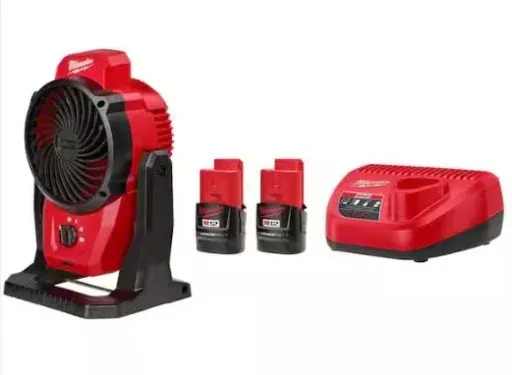 Milwaukee M12 12-Volt Lithium-Ion Cordless Jobsite Fan with M12 Compact 2.0 Ah Battery (2-Pack) Starter Kit and Charger