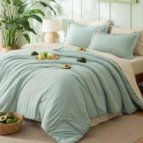7-Piece Bedsure Queen Comforter Bed-in-a-Bag Set w/ Sheets, Pillowcases & Shams (Sage Green/Beige)