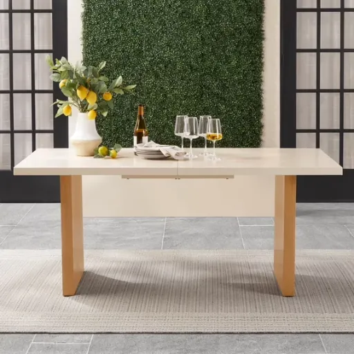 Better Homes & Gardens Vista Outdoor Dining Table, Stone-Finish Metal Top with Teak Hand-Painted Legs