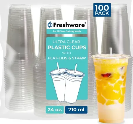 Freshware 100-Count 24oz Plastic Cups w/ Lids & Straws