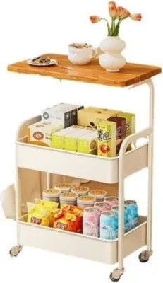 Gaomon 3-Tier Rolling Cart w/ Wooden Tabletop & Lockable Wheels