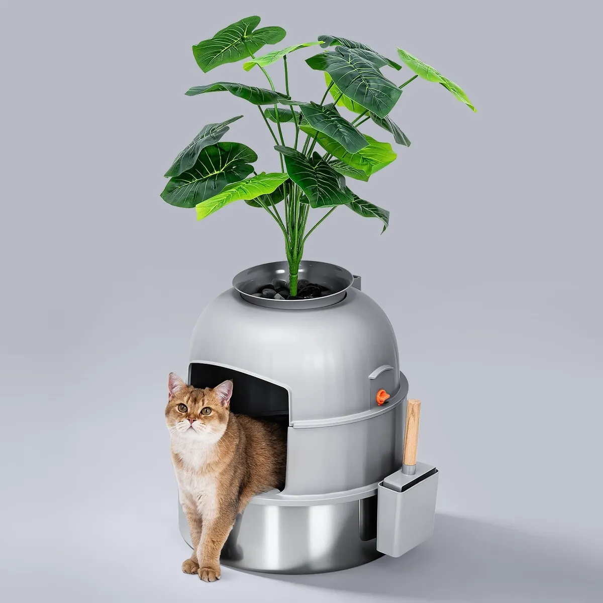 Hidden Round Potted Plant Stainless Steel Litter Box