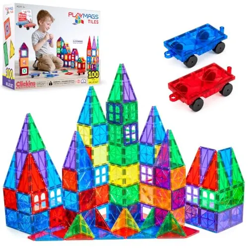 Playmags 100-Pc 3D Magnetic Tiles Building Blocks Set