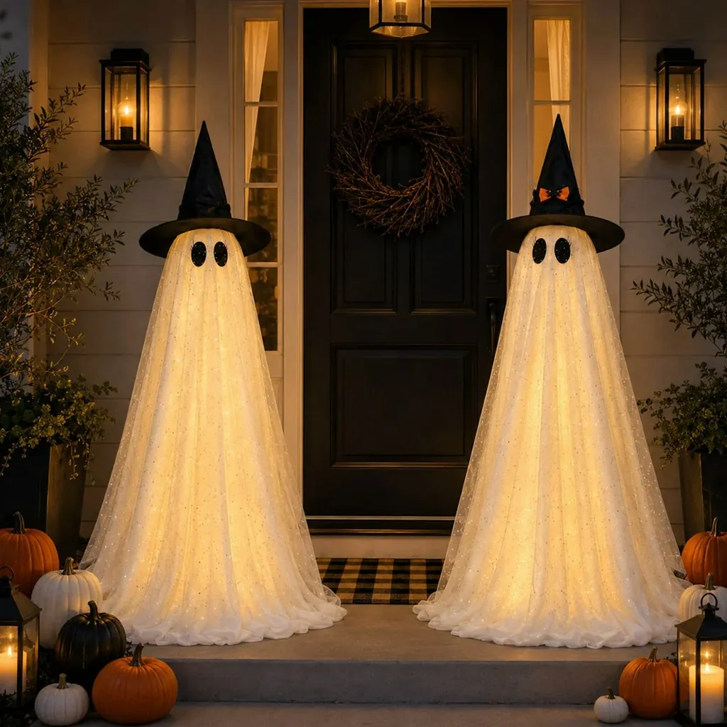 The Holiday Aisle Set of 2 Lighted Halloween Ghost Yard Decorations w/ Remote & Timer