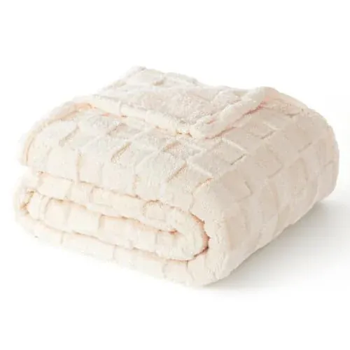 Exclusivo Mezcla 3D Checkered Fleece Throw Blanket 50" x 60" (Ivory)