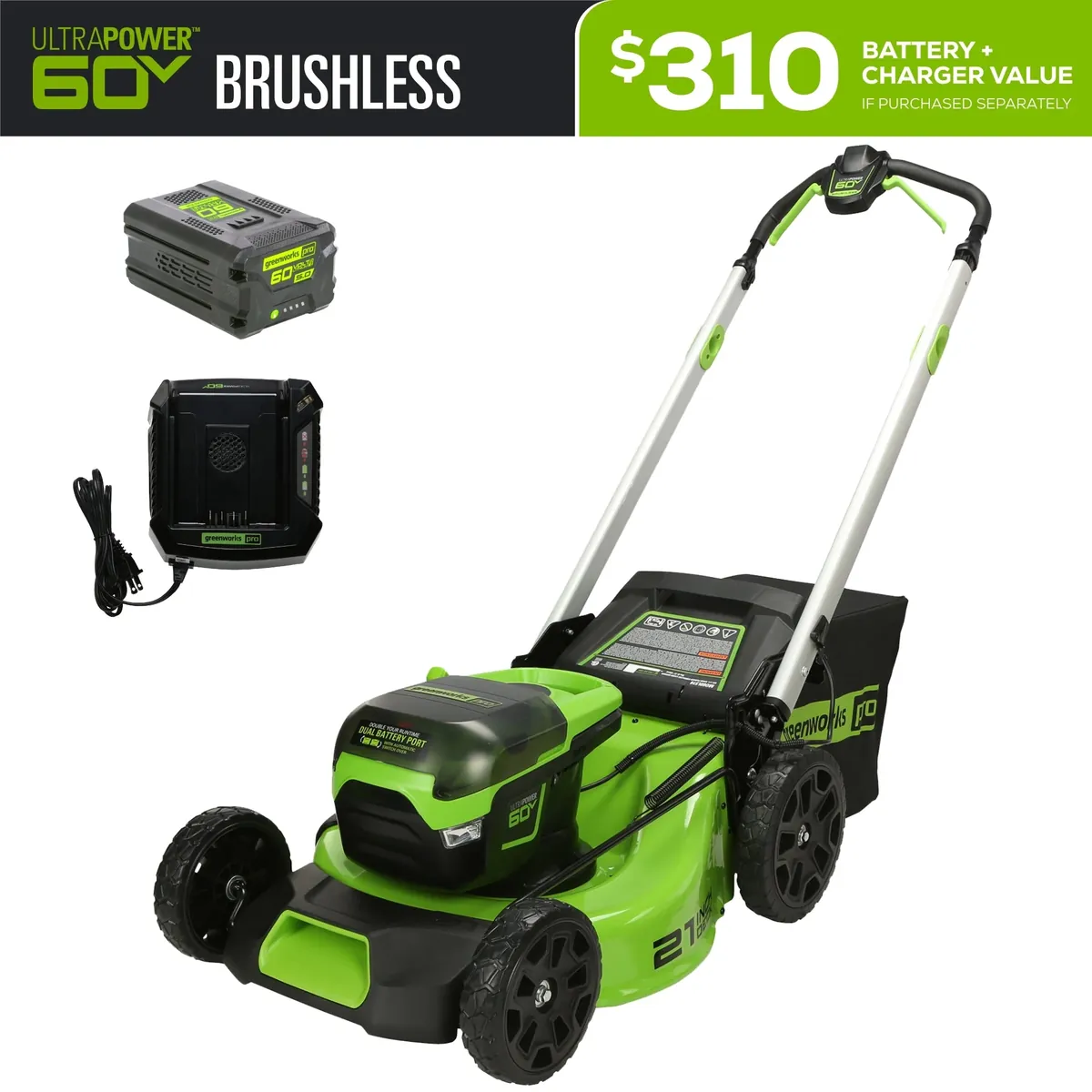 Greenworks 60V 21" Cordless Battery Push Lawn Mower w/ 5.0Ah Battery & Charger