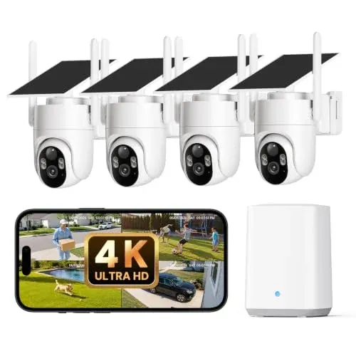 4K Solar Security Cameras Wireless Outdoor Home System, 4-Cam Kit