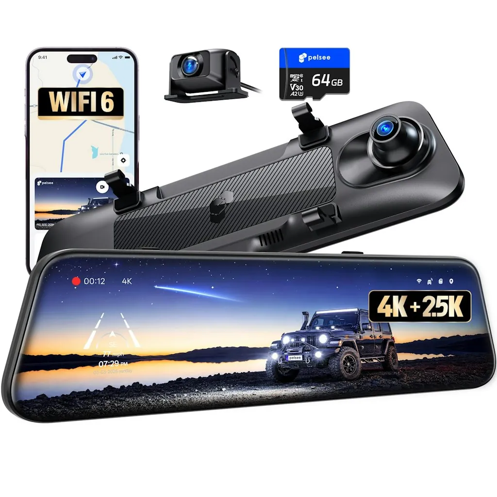 Pelsee S12 Native 4K + 2.5K Mirror Dash Cam w/ 64GB Card & GPS