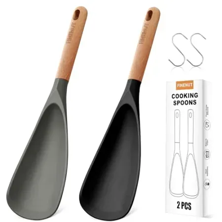 2-Pack FINENUT Silicone Cooking Spoons with Wood Handle & S-Hooks