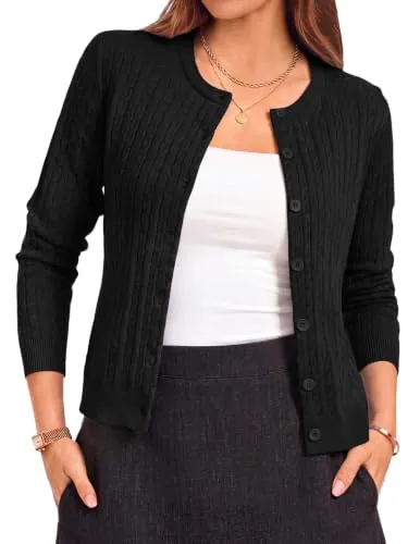 Cable Knit Cardigan Sweater for Women Lightweight Black