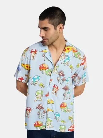 Nintendo Men's Mushroom Kingdom Graphic Button Up Shirt