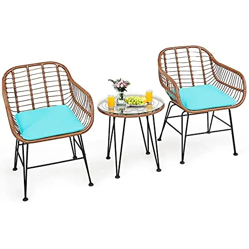 3-Piece Tangkula Outdoor Conversation Set w/ Round Tempered Glass Table & 2 Rattan Armchairs