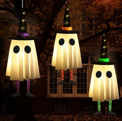 CYSKXYI Halloween Ghost & Witch Hat Hanging Lights 3-Pack