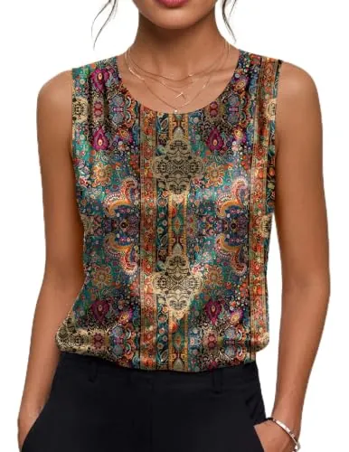 Zeagoo Womens Satin Tank Top Pleated Sleeveless Blouse