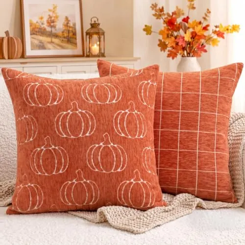Fall Pumpkin Chenille Plaid Pillow Covers Autumn Decor 18x18 2-Pack