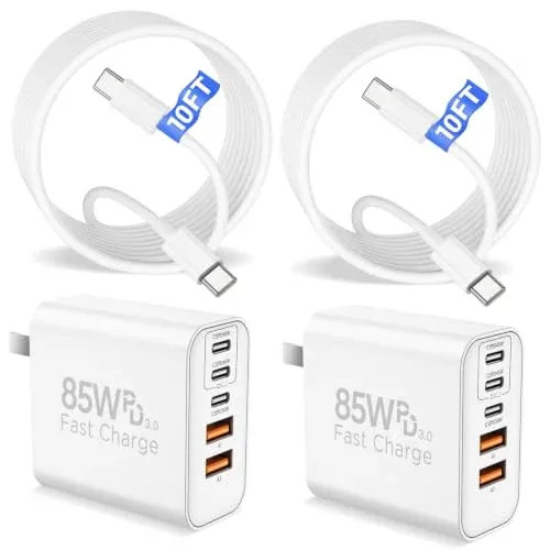 2-Pack 85W 5-Port USB-C Wall Charger with 10Ft USB-C Cables (White)