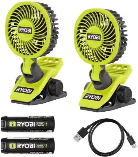RYOBI USB Lithium Clamp Fan 2-Pack with 2.0Ah Batteries & Charging Cable